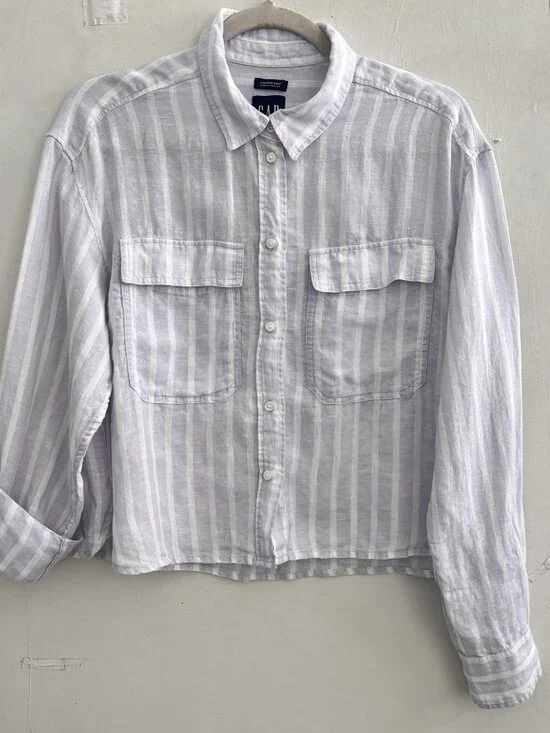 NEW Gap 100% Linen Cropped Shirt Button Up Womens S Blue White Stripe Boxy SMALL - Picture 4 of 7